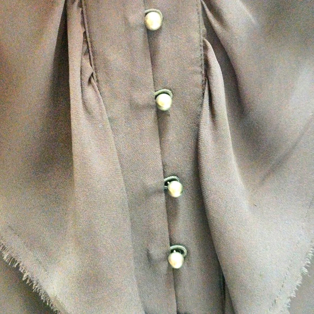 Black Silk Long Sleeve Ruffle Raw Edge Button Up Gothic Blouse Corporate Goth - Picture 7 of 8